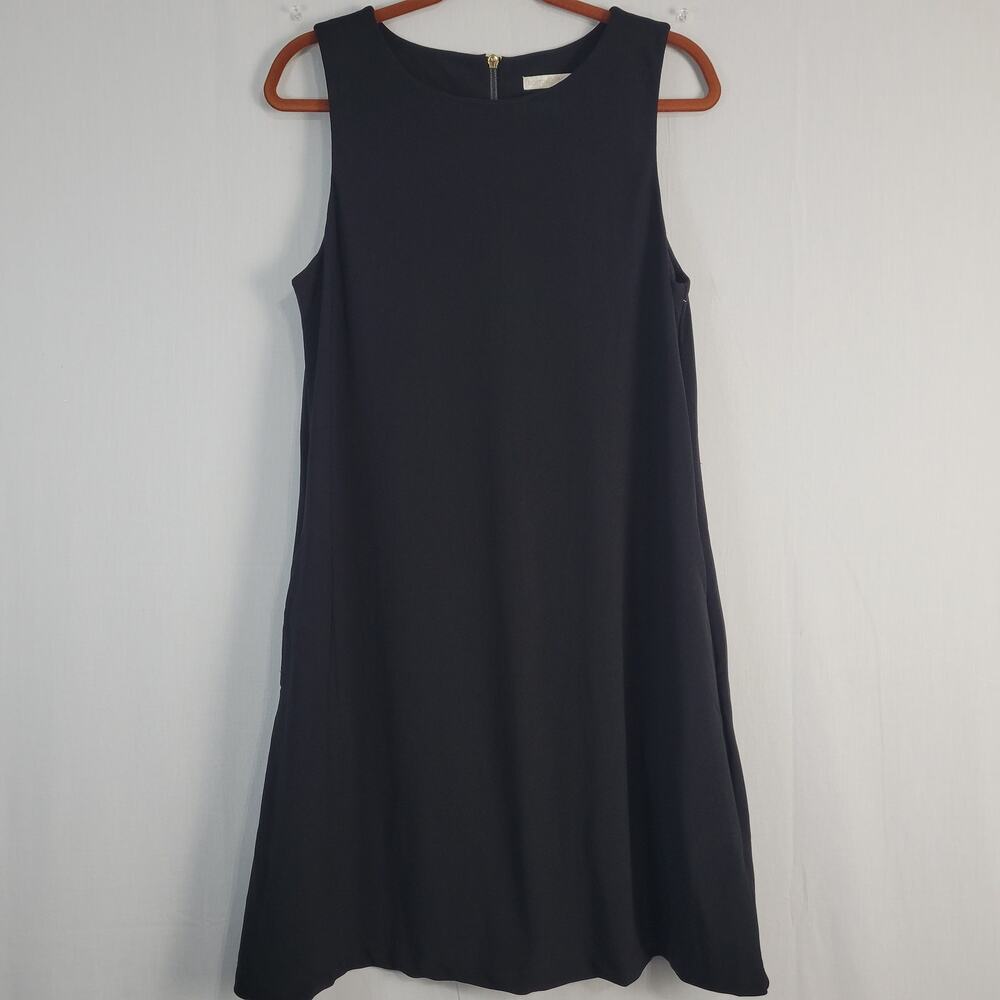 Boston Proper Sleeveless Shift Dress sz M black minimalist pockets office casual